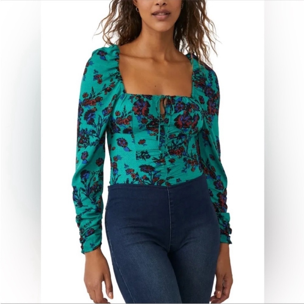 NWT FREE PEOPLE Hilary top shirt size S green combo smocking longsleeve